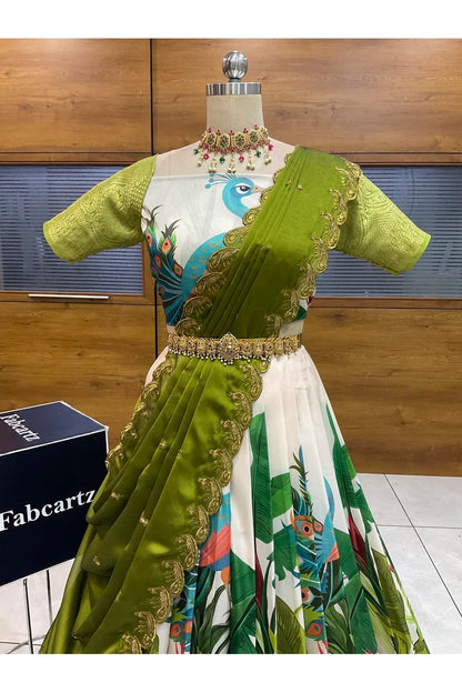 Beautiful South Indian Style Printed Half Saree with Blouse and Dupatta for Women | Radhekrishna