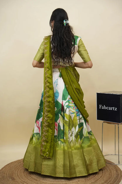 Beautiful South Indian Style Printed Half Saree with Printed Blouse and Dupatta for Women | Radhekrishna KV