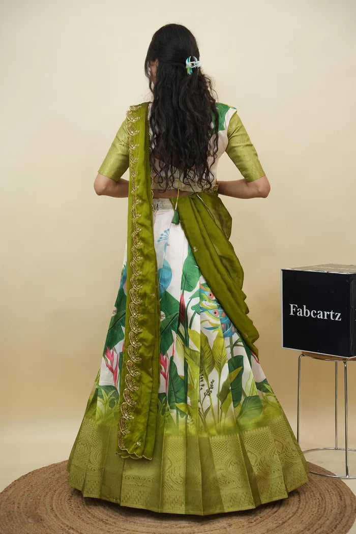 Beautiful South Indian Style Printed Half Saree with Printed Blouse and Dupatta for Women | Radhekrishna KV