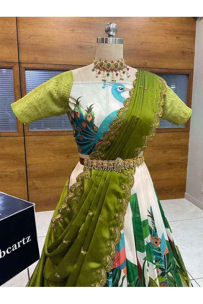 Beautiful South Indian Style Printed Half Saree with Blouse and Dupatta for Women | Radhekrishna