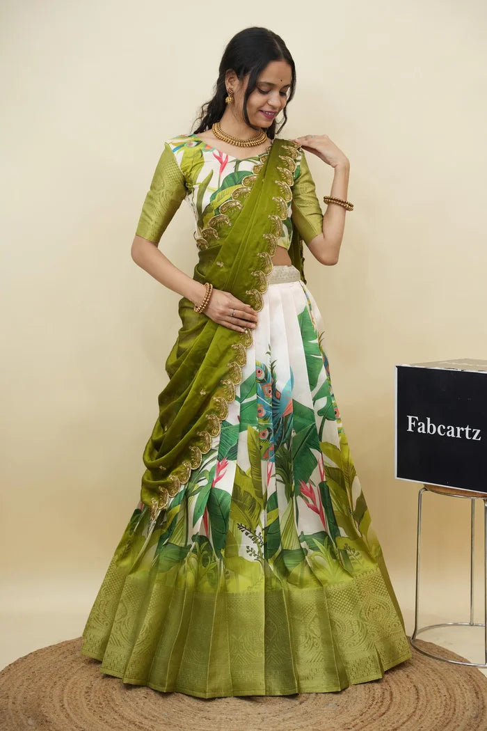 Beautiful South Indian Style Printed Half Saree with Printed Blouse and Dupatta for Women | Radhekrishna KV