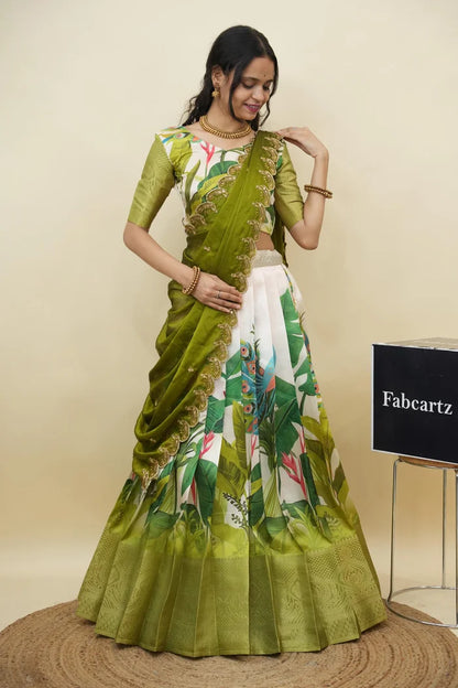 Beautiful South Indian Style Printed Half Saree with Printed Blouse and Dupatta for Women | Radhekrishna KV