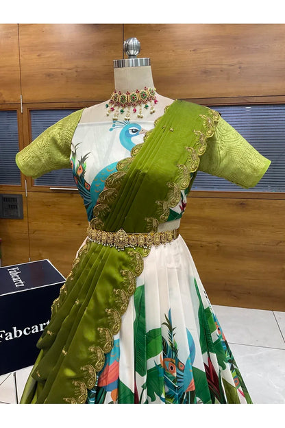 Beautiful South Indian Style Printed Half Saree with Blouse and Dupatta for Women | Radhekrishna