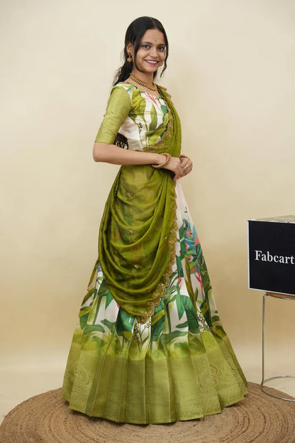 Beautiful South Indian Style Printed Half Saree with Printed Blouse and Dupatta for Women | Radhekrishna KV