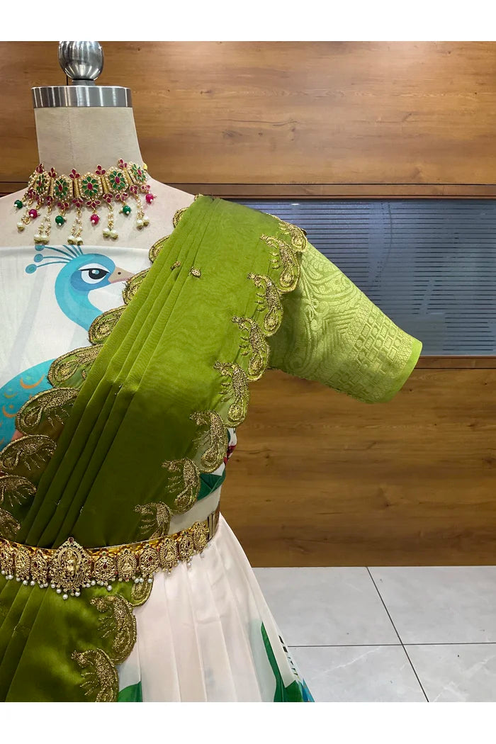 Beautiful South Indian Style Printed Half Saree with Blouse and Dupatta for Women | Radhekrishna