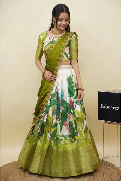 Beautiful South Indian Style Printed Half Saree with Printed Blouse and Dupatta for Women | Radhekrishna KV