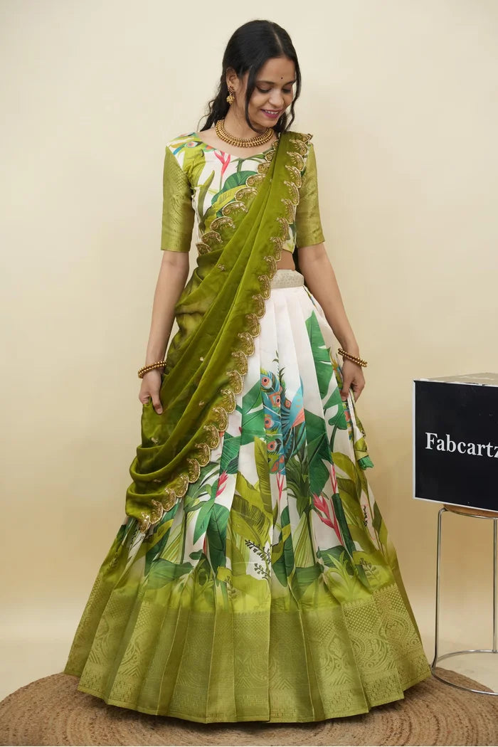 Beautiful South Indian Style Printed Half Saree with Printed Blouse and Dupatta for Women | Radhekrishna KV