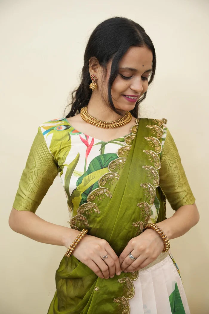 Beautiful South Indian Style Printed Half Saree with Printed Blouse and Dupatta for Women | Radhekrishna KV