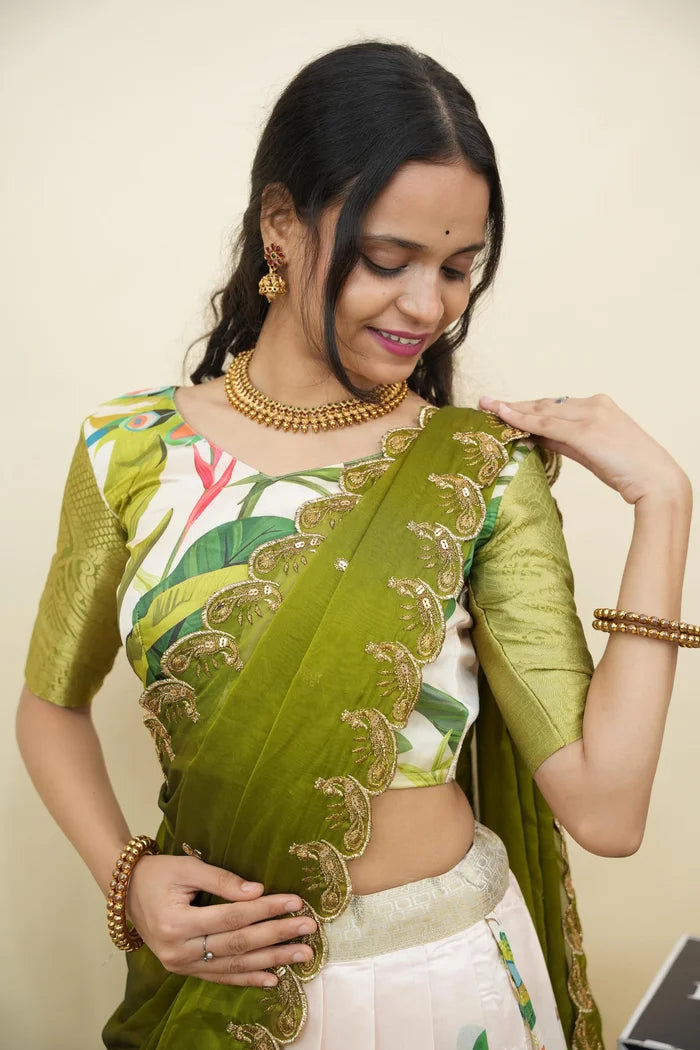 Beautiful South Indian Style Printed Half Saree with Printed Blouse and Dupatta for Women | Radhekrishna KV