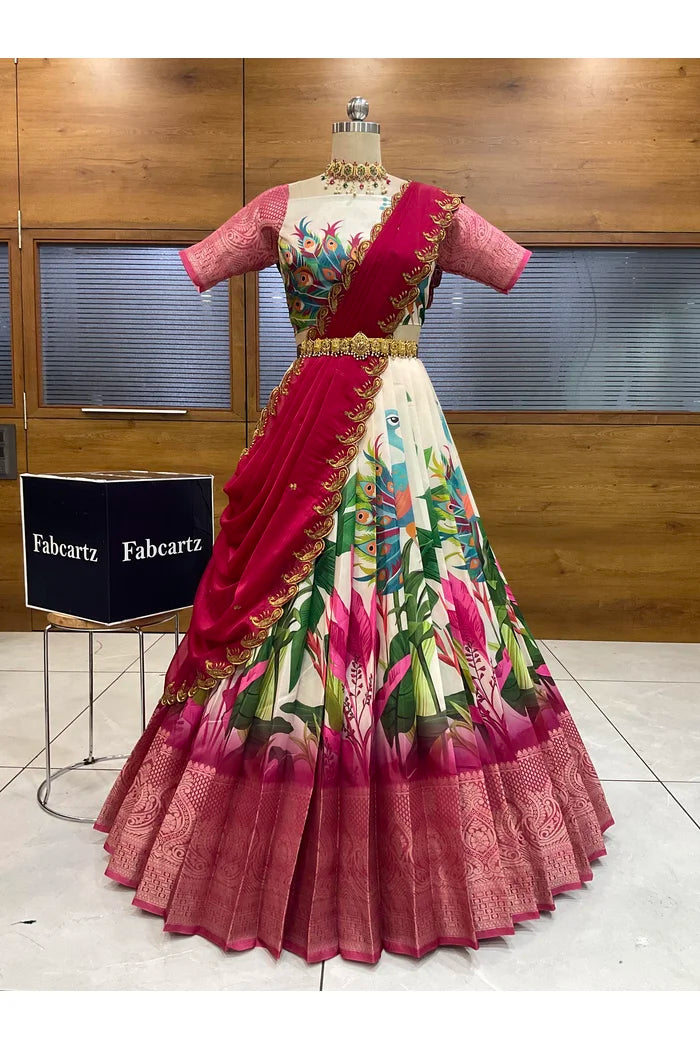 Beautiful South Indian Style Printed Half Saree with Blouse and Dupatta for Women | Radhekrishna