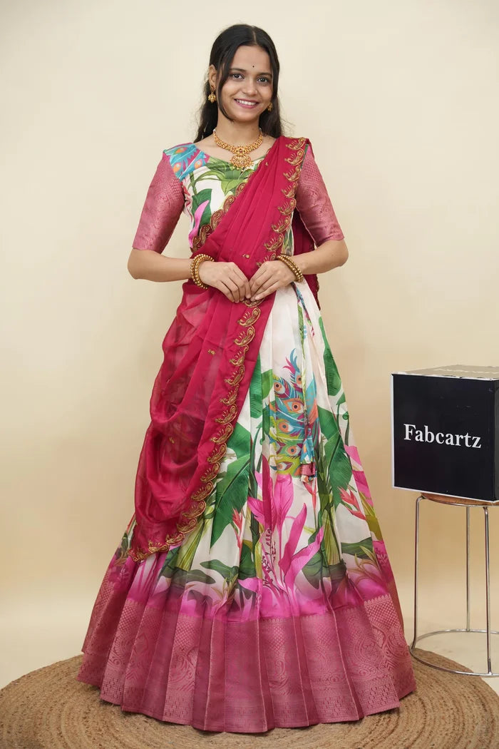 Beautiful South Indian Style Printed Half Saree with Printed Blouse and Dupatta for Women | Radhekrishna KV