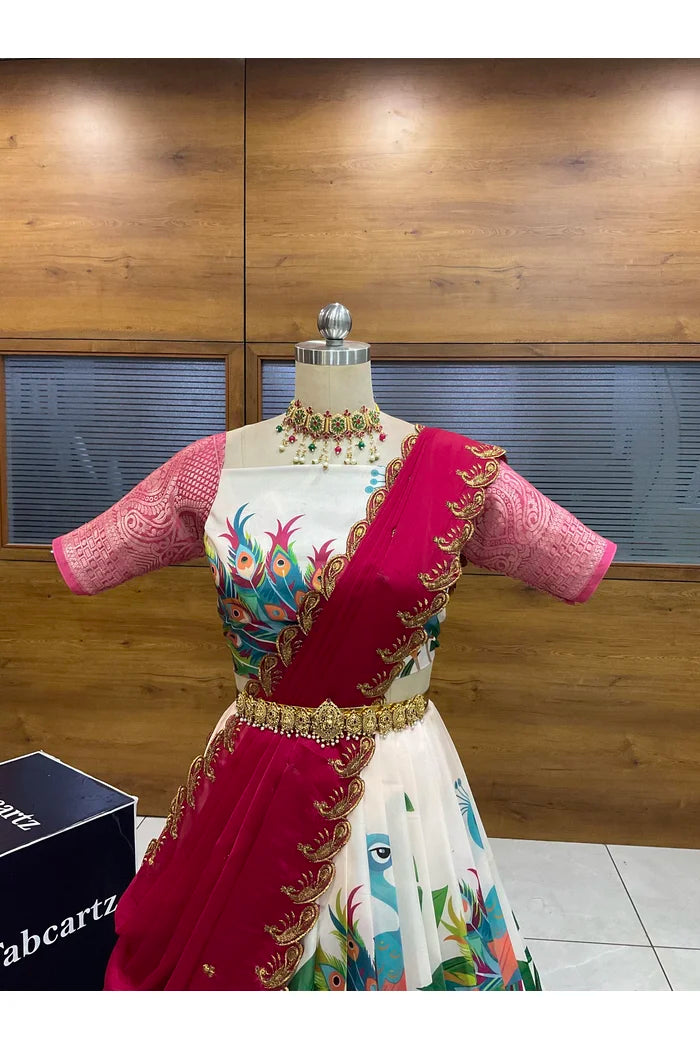 Beautiful South Indian Style Printed Half Saree with Blouse and Dupatta for Women | Radhekrishna