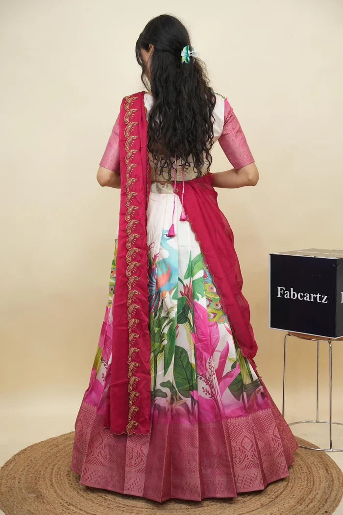 Beautiful South Indian Style Printed Half Saree with Printed Blouse and Dupatta for Women | Radhekrishna KV