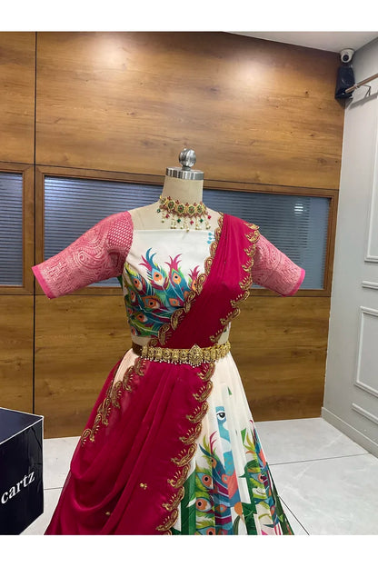 Beautiful South Indian Style Printed Half Saree with Blouse and Dupatta for Women | Radhekrishna