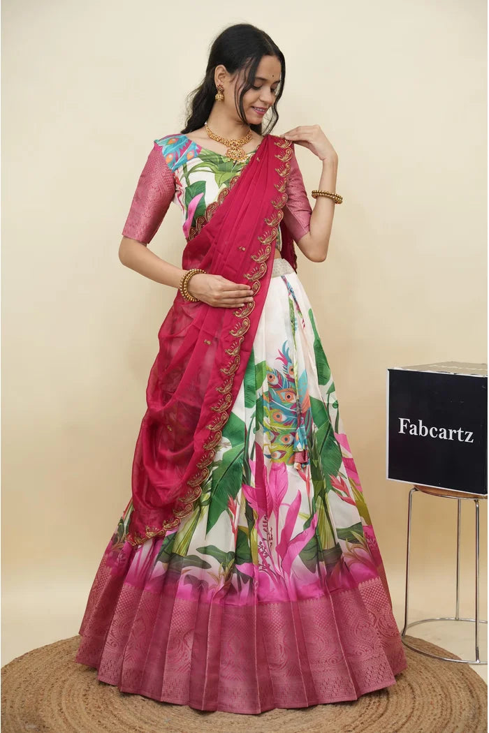 Beautiful South Indian Style Printed Half Saree with Printed Blouse and Dupatta for Women | Radhekrishna KV