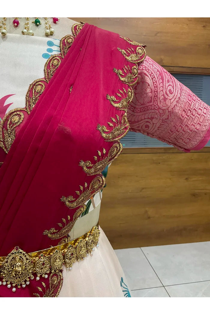 Beautiful South Indian Style Printed Half Saree with Blouse and Dupatta for Women | Radhekrishna