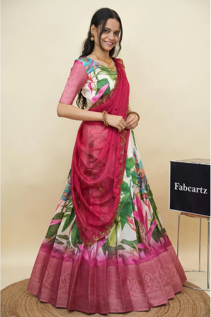 Beautiful South Indian Style Printed Half Saree with Printed Blouse and Dupatta for Women | Radhekrishna KV