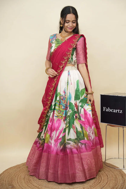 Beautiful South Indian Style Printed Half Saree with Printed Blouse and Dupatta for Women | Radhekrishna KV