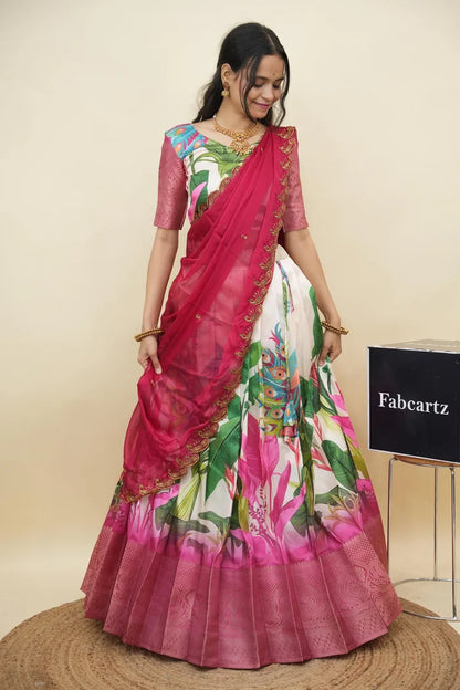 Beautiful South Indian Style Printed Half Saree with Printed Blouse and Dupatta for Women | Radhekrishna KV