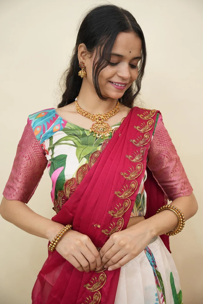 Beautiful South Indian Style Printed Half Saree with Printed Blouse and Dupatta for Women | Radhekrishna KV