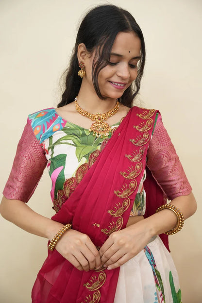 Beautiful South Indian Style Printed Half Saree with Printed Blouse and Dupatta for Women | Radhekrishna KV