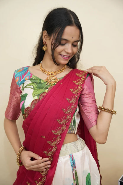 Beautiful South Indian Style Printed Half Saree with Printed Blouse and Dupatta for Women | Radhekrishna KV