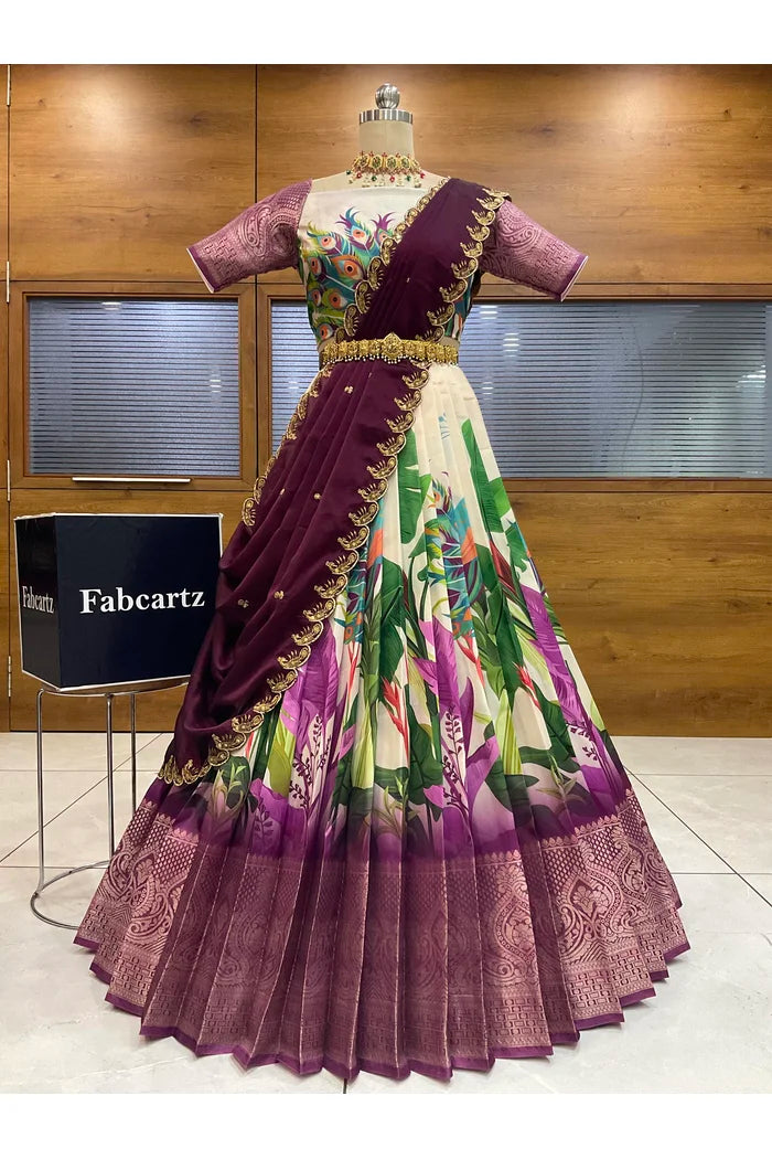 Beautiful South Indian Style Printed Half Saree with Blouse and Dupatta for Women | Radhekrishna