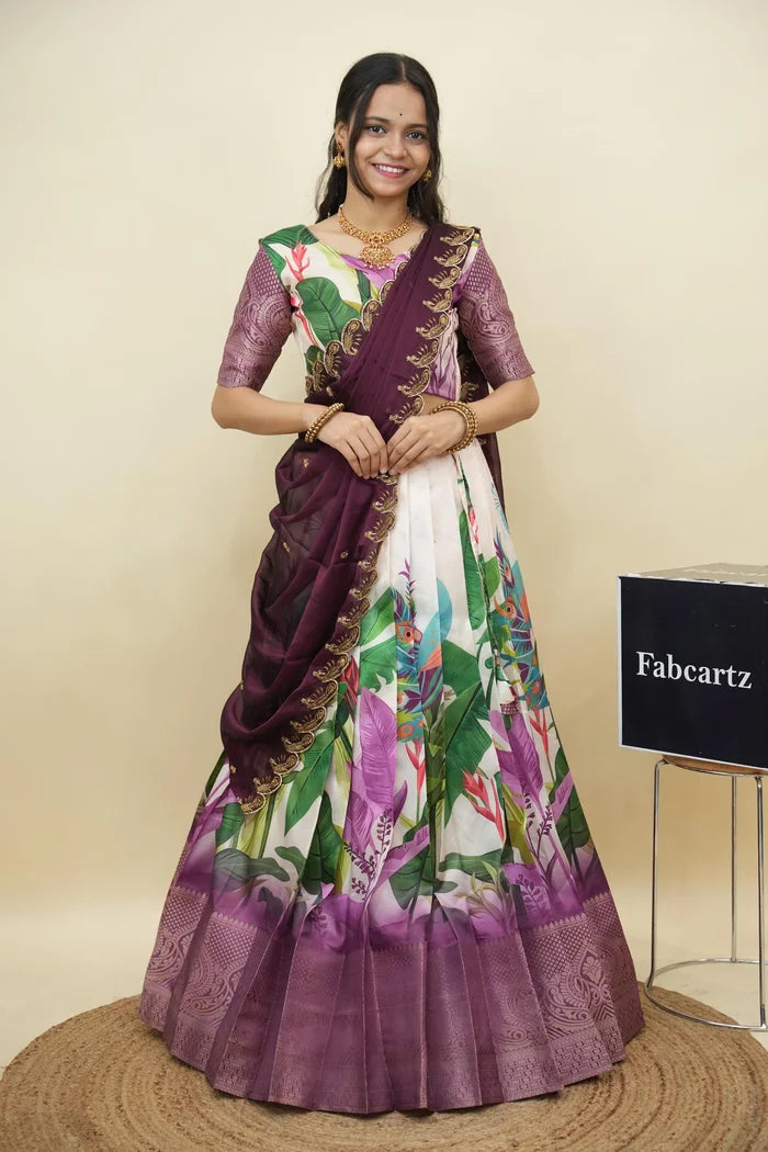 Beautiful South Indian Style Printed Half Saree with Printed Blouse and Dupatta for Women | Radhekrishna KV