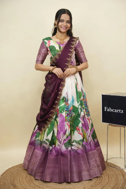 Beautiful South Indian Style Printed Half Saree with Printed Blouse and Dupatta for Women | Radhekrishna KV