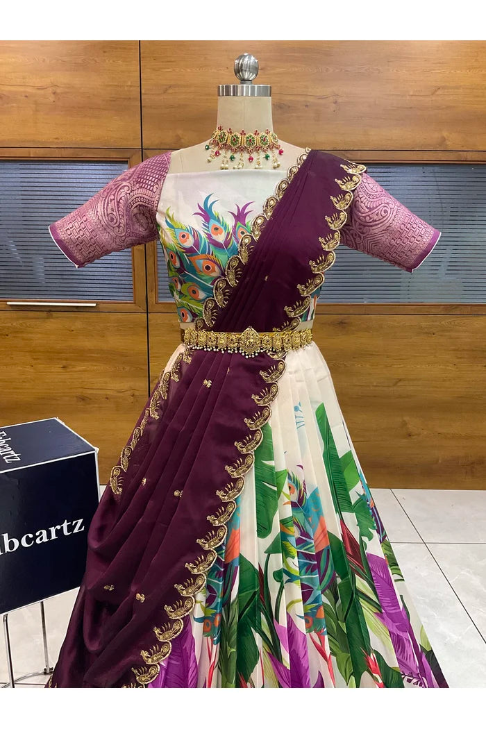 Beautiful South Indian Style Printed Half Saree with Blouse and Dupatta for Women | Radhekrishna