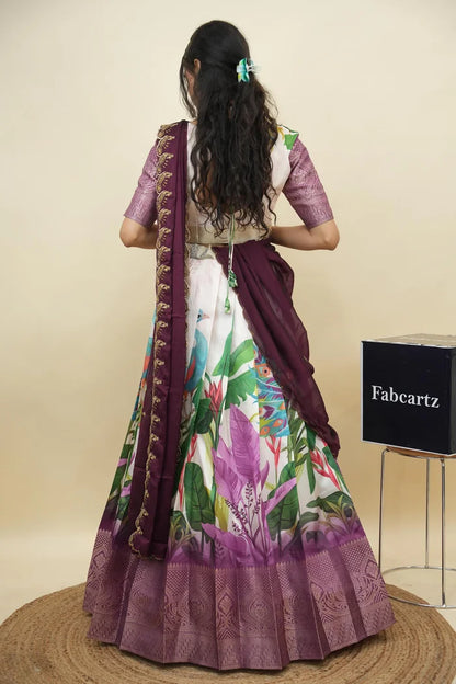 Beautiful South Indian Style Printed Half Saree with Printed Blouse and Dupatta for Women | Radhekrishna KV