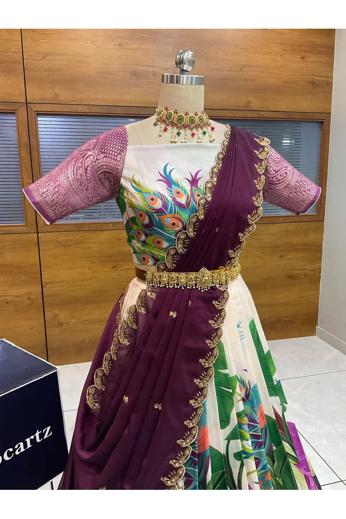 Beautiful South Indian Style Printed Half Saree with Blouse and Dupatta for Women | Radhekrishna