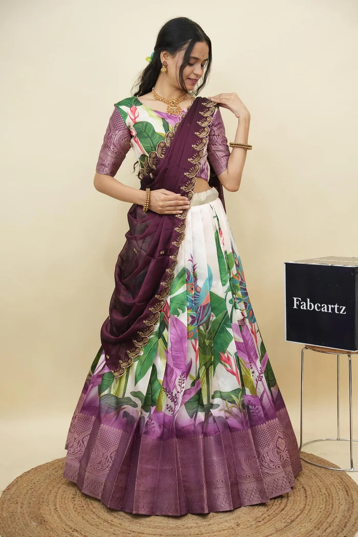 Beautiful South Indian Style Printed Half Saree with Printed Blouse and Dupatta for Women | Radhekrishna KV
