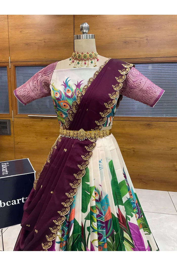 Beautiful South Indian Style Printed Half Saree with Blouse and Dupatta for Women | Radhekrishna