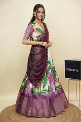Beautiful South Indian Style Printed Half Saree with Printed Blouse and Dupatta for Women | Radhekrishna KV