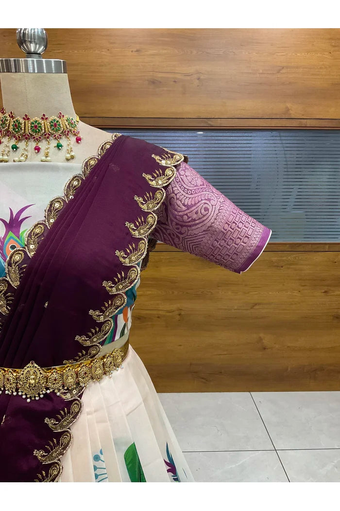 Beautiful South Indian Style Printed Half Saree with Blouse and Dupatta for Women | Radhekrishna