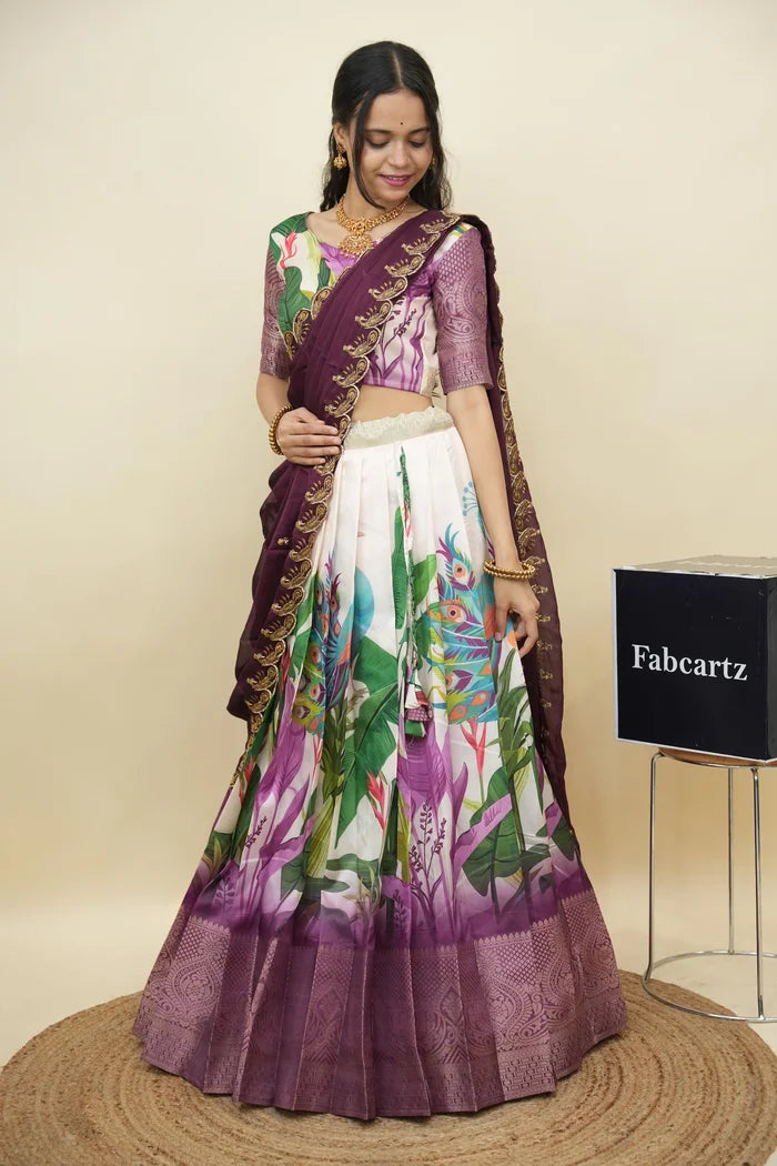 Beautiful South Indian Style Printed Half Saree with Printed Blouse and Dupatta for Women | Radhekrishna KV