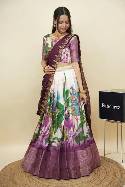 Beautiful South Indian Style Printed Half Saree with Printed Blouse and Dupatta for Women | Radhekrishna KV