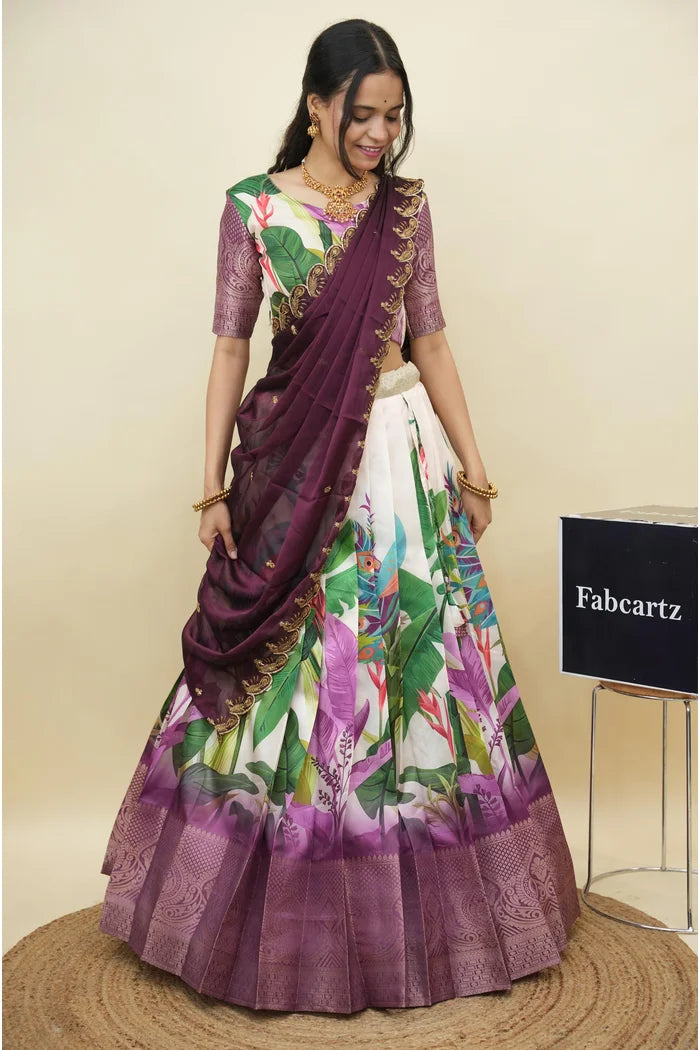 Beautiful South Indian Style Printed Half Saree with Printed Blouse and Dupatta for Women | Radhekrishna KV