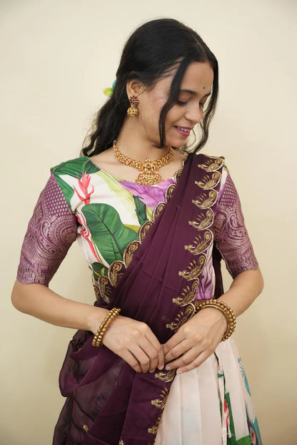 Beautiful South Indian Style Printed Half Saree with Printed Blouse and Dupatta for Women | Radhekrishna KV