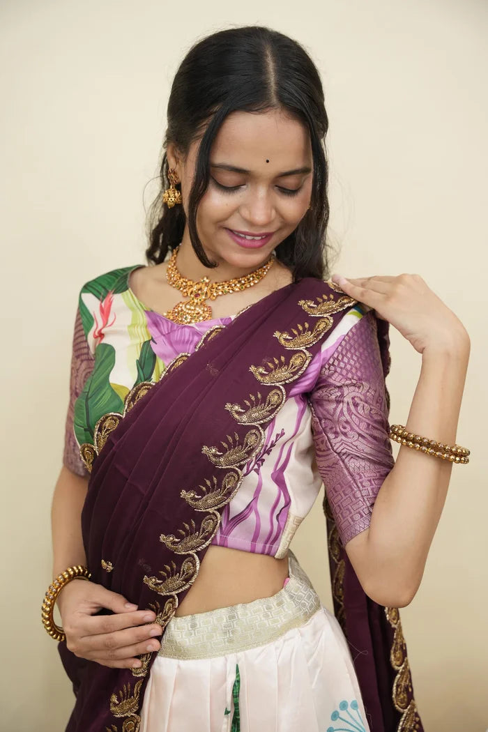 Beautiful South Indian Style Printed Half Saree with Printed Blouse and Dupatta for Women | Radhekrishna KV