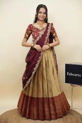 Beautiful South Indian Style Half Saree with Embroidery Work Blouse and Dupatta for Women | Ekta KV