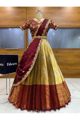 Beautiful South Indian Style Half Saree with Embroidery Work Blouse and Dupatta for Women | Ekta