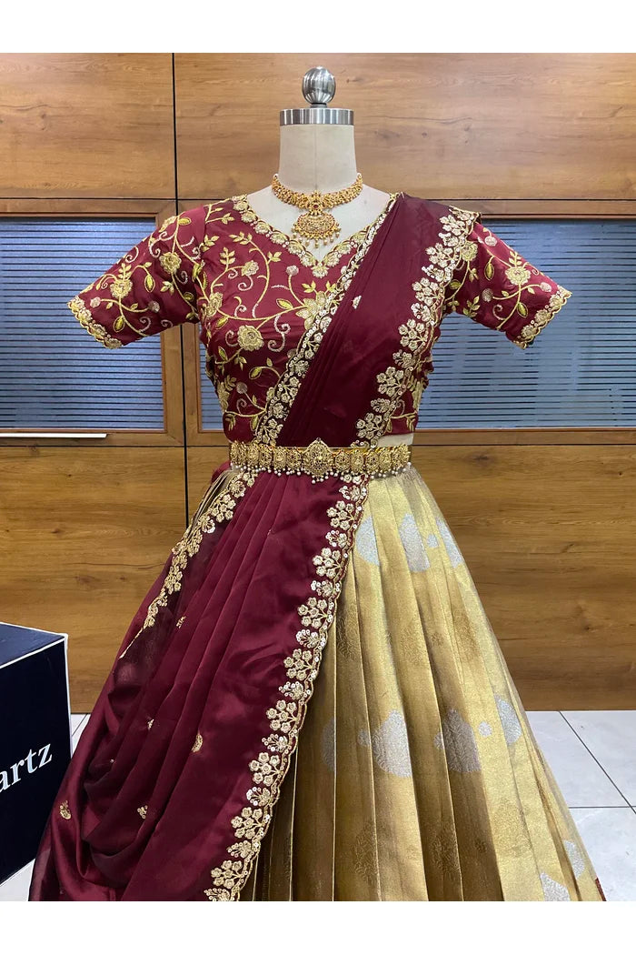 Beautiful South Indian Style Half Saree with Embroidery Work Blouse and Dupatta for Women | Ekta