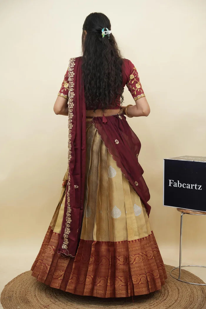 Beautiful South Indian Style Half Saree with Embroidery Work Blouse and Dupatta for Women | Ekta KV