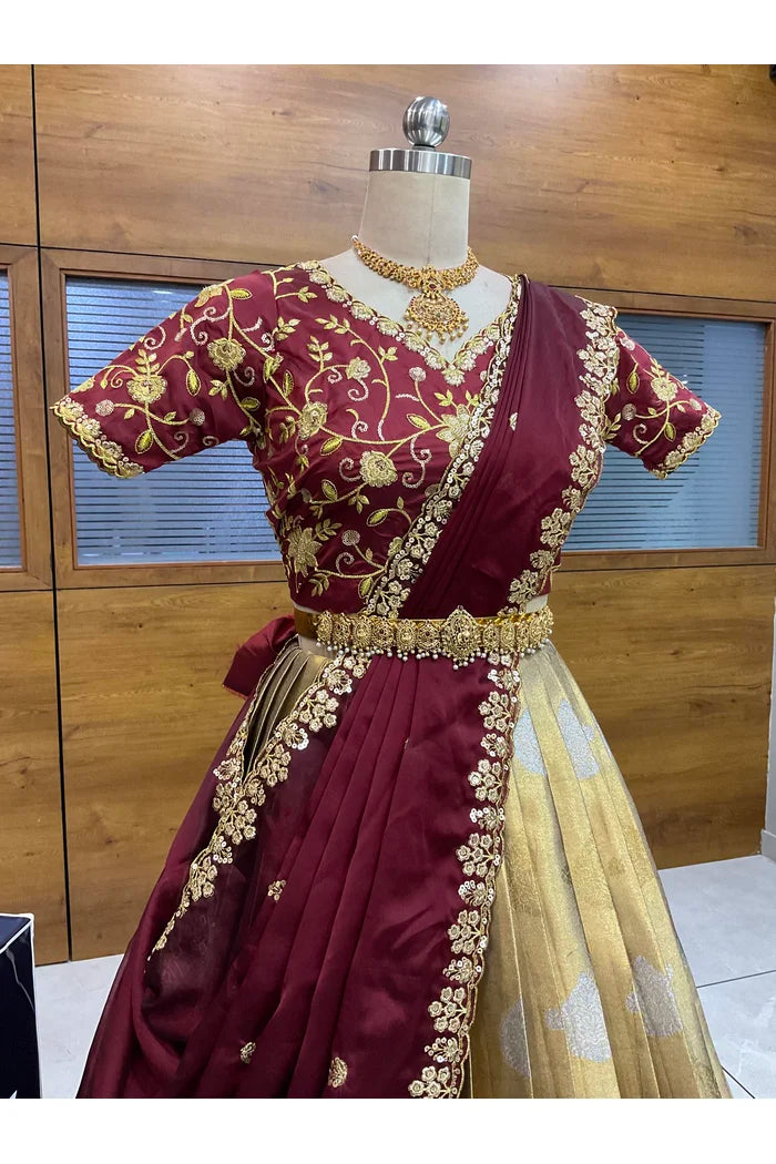 Beautiful South Indian Style Half Saree with Embroidery Work Blouse and Dupatta for Women | Ekta