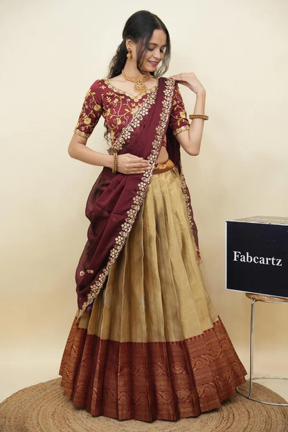 Beautiful South Indian Style Half Saree with Embroidery Work Blouse and Dupatta for Women | Ekta KV