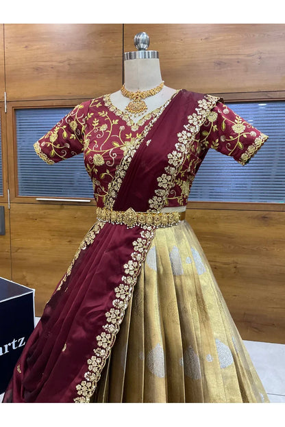 Beautiful South Indian Style Half Saree with Embroidery Work Blouse and Dupatta for Women | Ekta