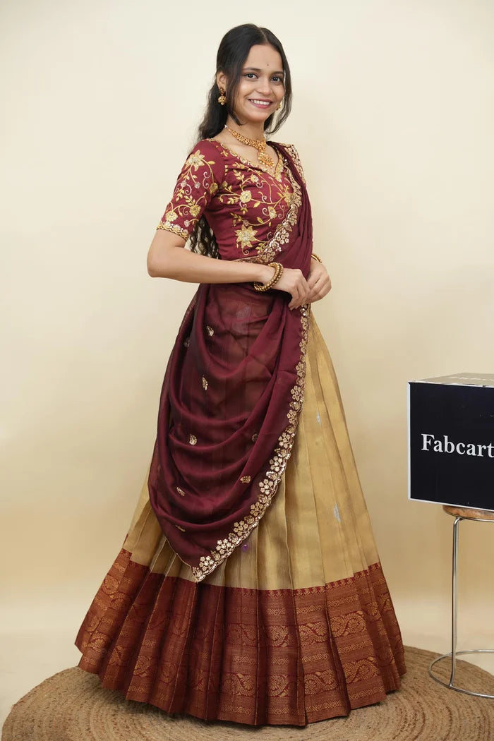 Beautiful South Indian Style Half Saree with Embroidery Work Blouse and Dupatta for Women | Ekta KV