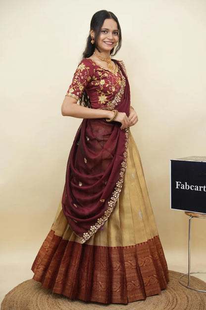 Beautiful South Indian Style Half Saree with Embroidery Work Blouse and Dupatta for Women | Ekta KV